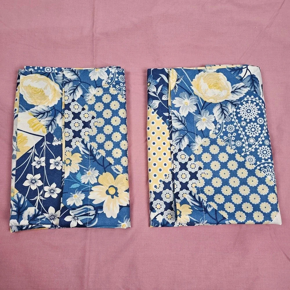 VTG Gold Coast Blue Yellow Floral Gingham Polyester Pillow Cover Set 2 Farmhouse
